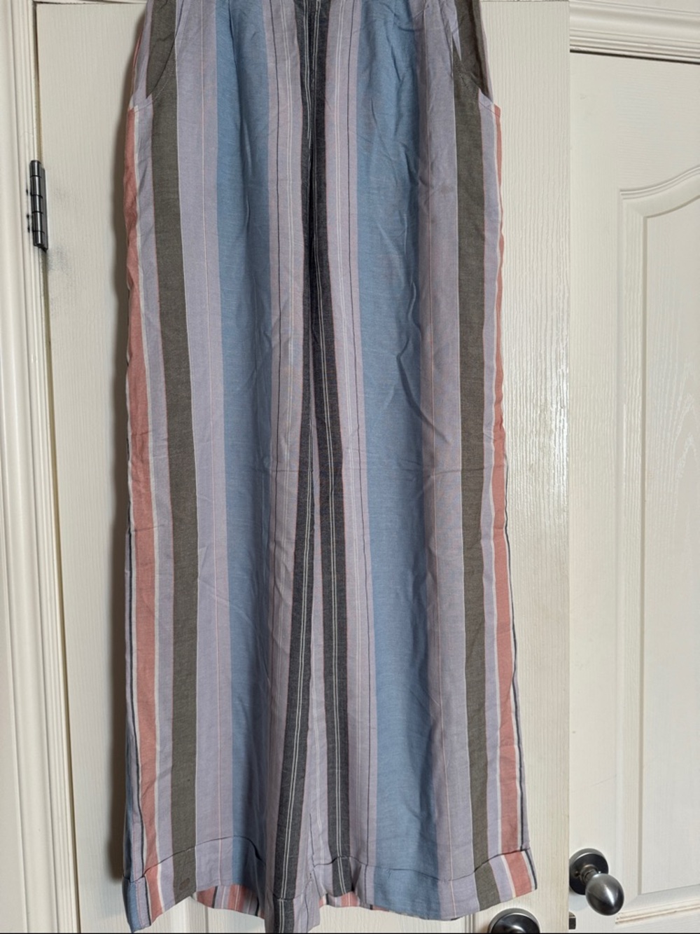 Angie Striped Elastic Waist Rayon Pants in Blue, Pink and Gray